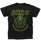 The front of a black t-shirt depicting a horned skull graphic against lime green flames, with yellow text that reads Spinal Tap II The IMAX Experience.    