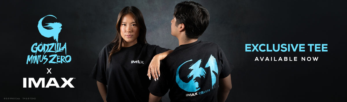 Promotional banner for a Godzilla Minus Zero x IMAX exclusive tee, showing two models wearing black t-shirts with blue Godzilla Minus Zero and IMAX graphics on a dark background.