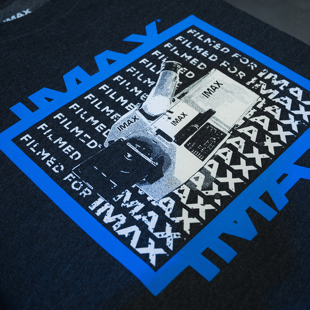 A close up on the high-density blue ink on the crewneck sweatshirt.  