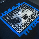 A close up on the high-density blue ink on the crewneck sweatshirt.  