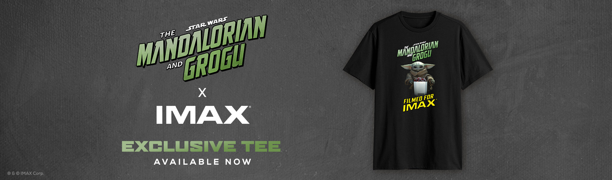 Black t-shirt with 'The Mandalorian' and 'Grogu' design on a dark gray background, featuring IMAX branding.