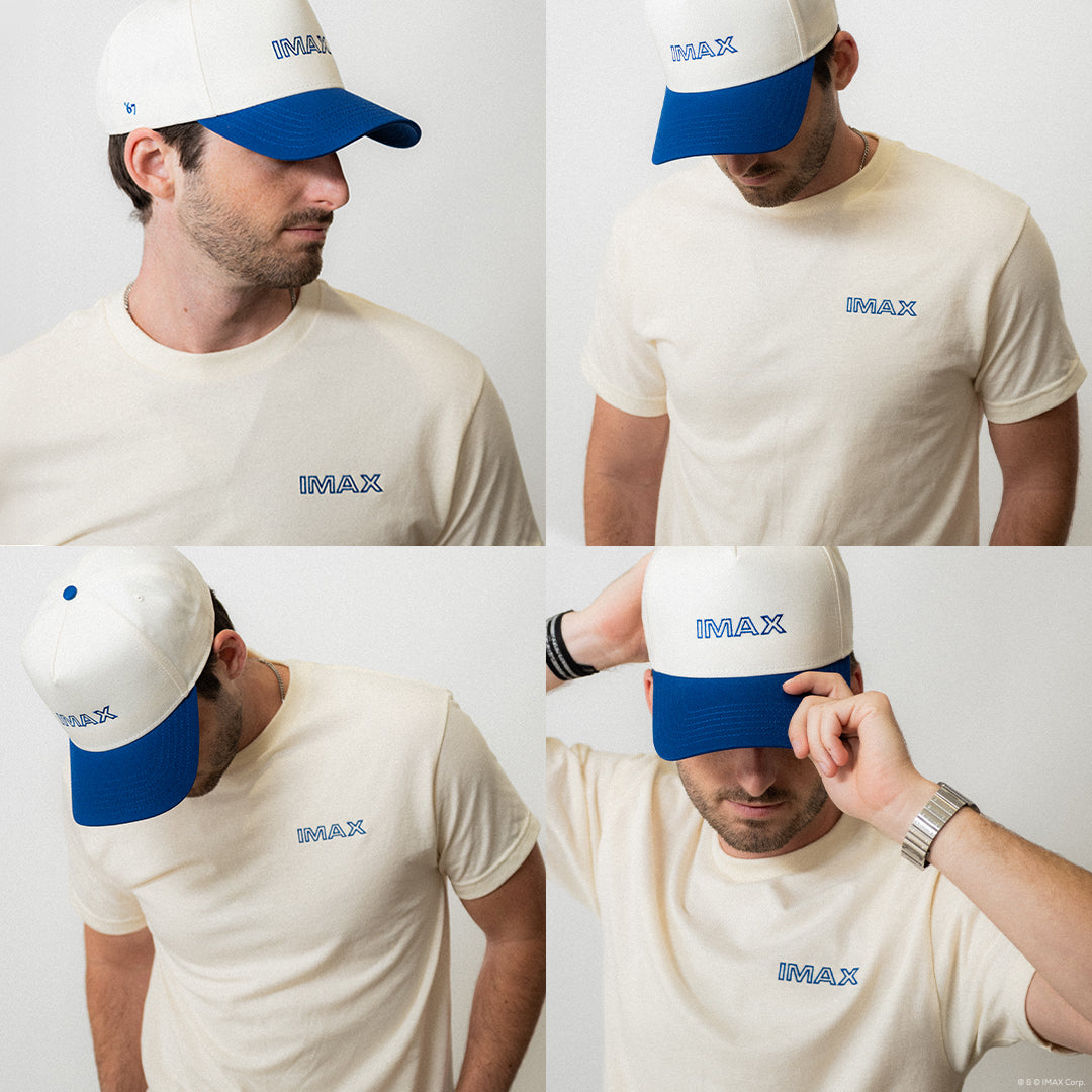 Collage of a person wearing a white t-shirt and blue cap with 'IMAX' branding.