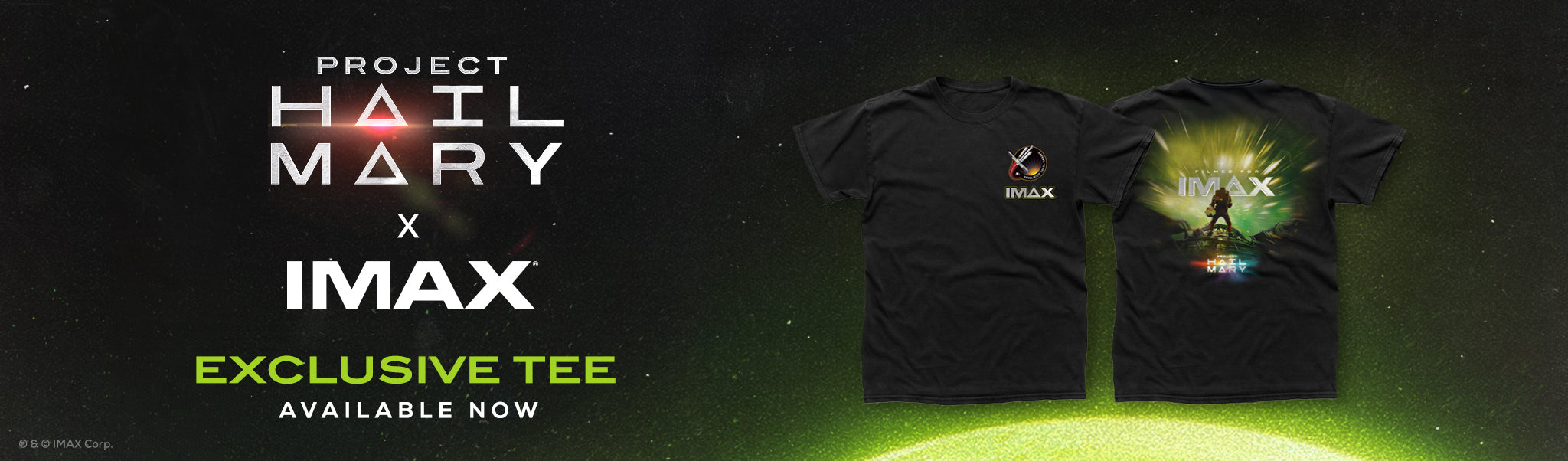 Two black t-shirts with graphics and text, featuring 'Project Hail Mary' and 'IMAX' branding.