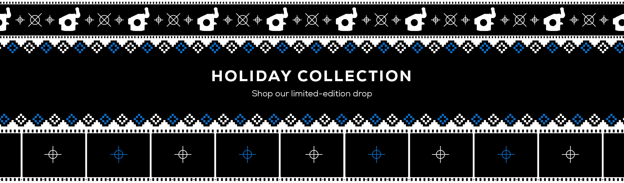 A festive banner titled Holiday Collection, featuring various IMAX-themed sketches in a blue, white, and black color scheme.