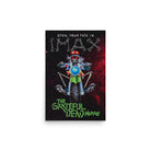 Poster artwork depicting a skeleton in a red hat with red eyes facing the viewer while riding a motorcycle through outer space. The poster text reads Steal Your Face in IMAX in skeletal writing and The Grateful Dead Movie in a bright green font. 