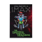 Poster artwork depicting a skeleton in a red hat with red eyes facing the viewer while riding a motorcycle through outer space. The poster text reads Steal Your Face in IMAX in skeletal writing and The Grateful Dead Movie in a bright green font. 