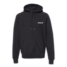 The front of a black pullover hoodie featuring a white IMAX logo.