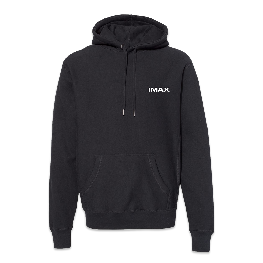 front of black hoodie with IMAX across the upper left chest.