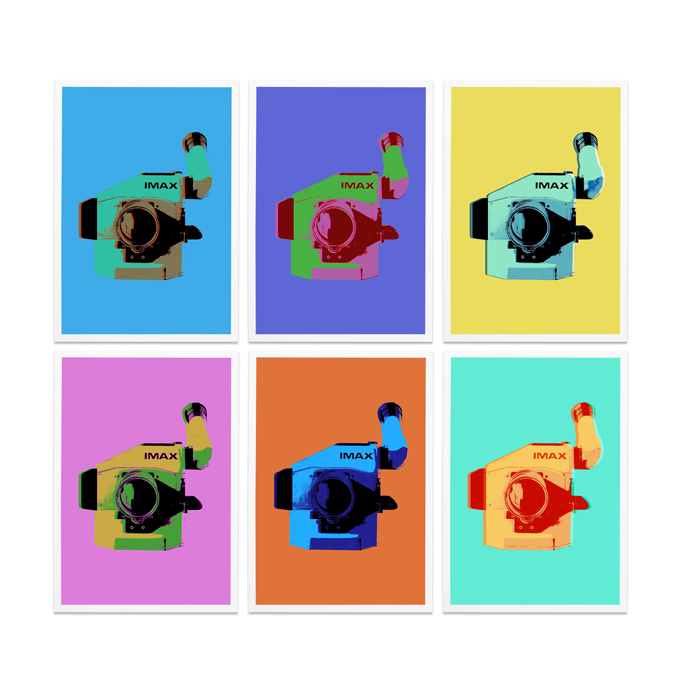 Several postcards in different colors, each featuring an IMAX film camera (blue, purple, yellow, pink, orange and teal).
