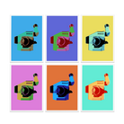 Several postcards in different colors, each featuring an IMAX film camera (blue, purple, yellow, pink, orange and teal).