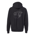 The back of a black pullover hoodie featuring an IMAX film camera line art in white.