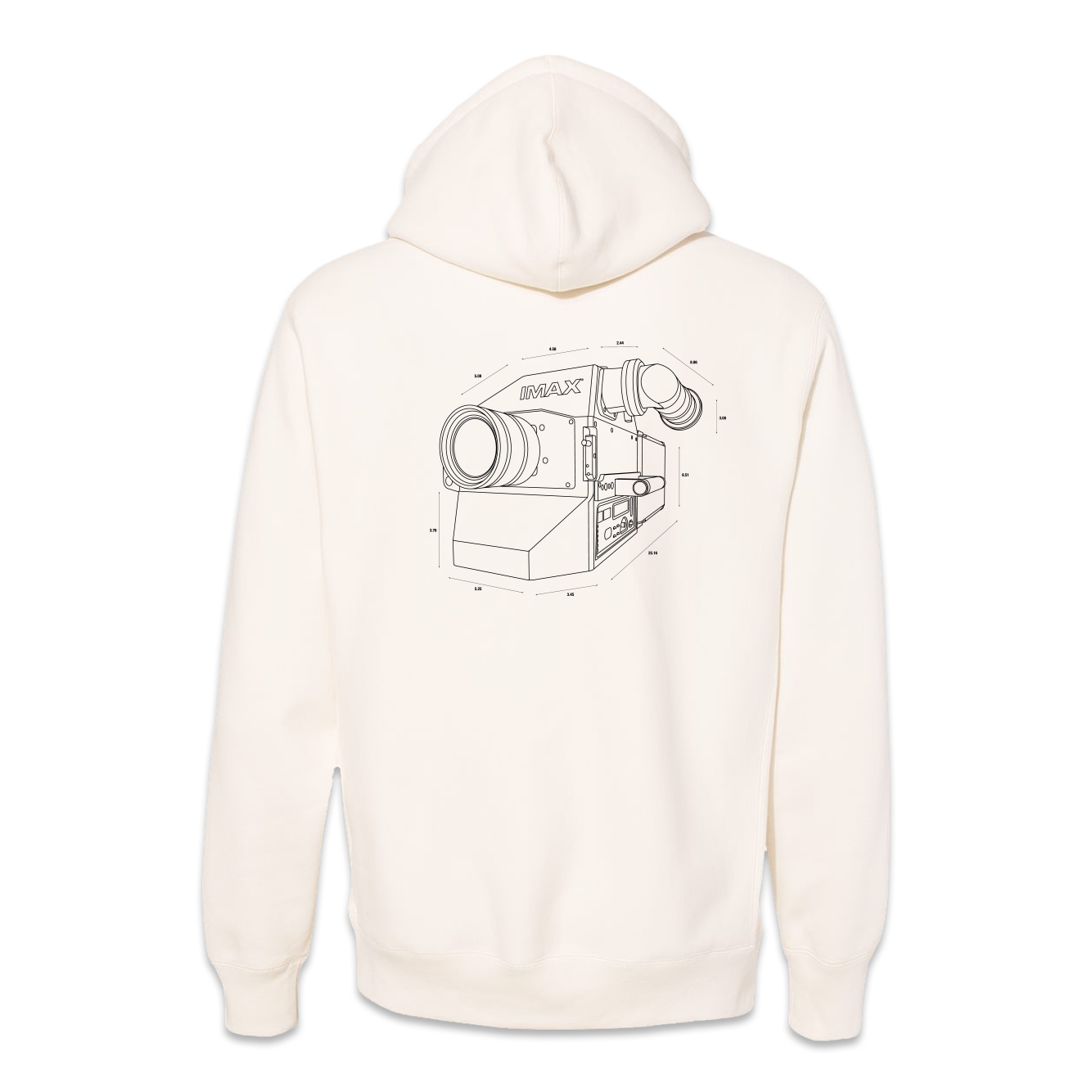 The back of a white pullover hoodie featuring an IMAX film camera line art in black.