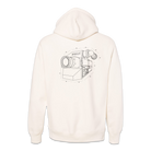The back of a white pullover hoodie featuring an IMAX film camera line art in black.