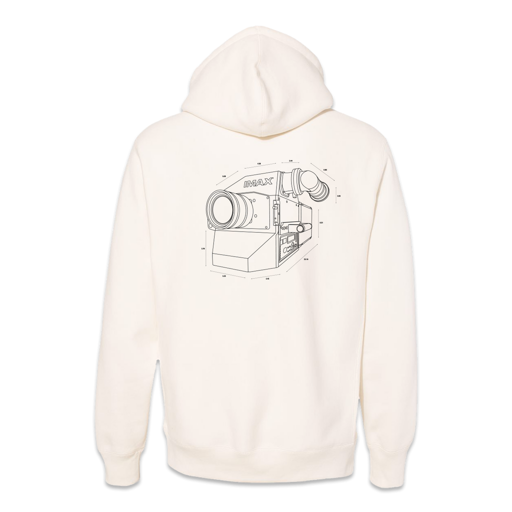 back of cream colored hoodie with IMAX camera design in black.
