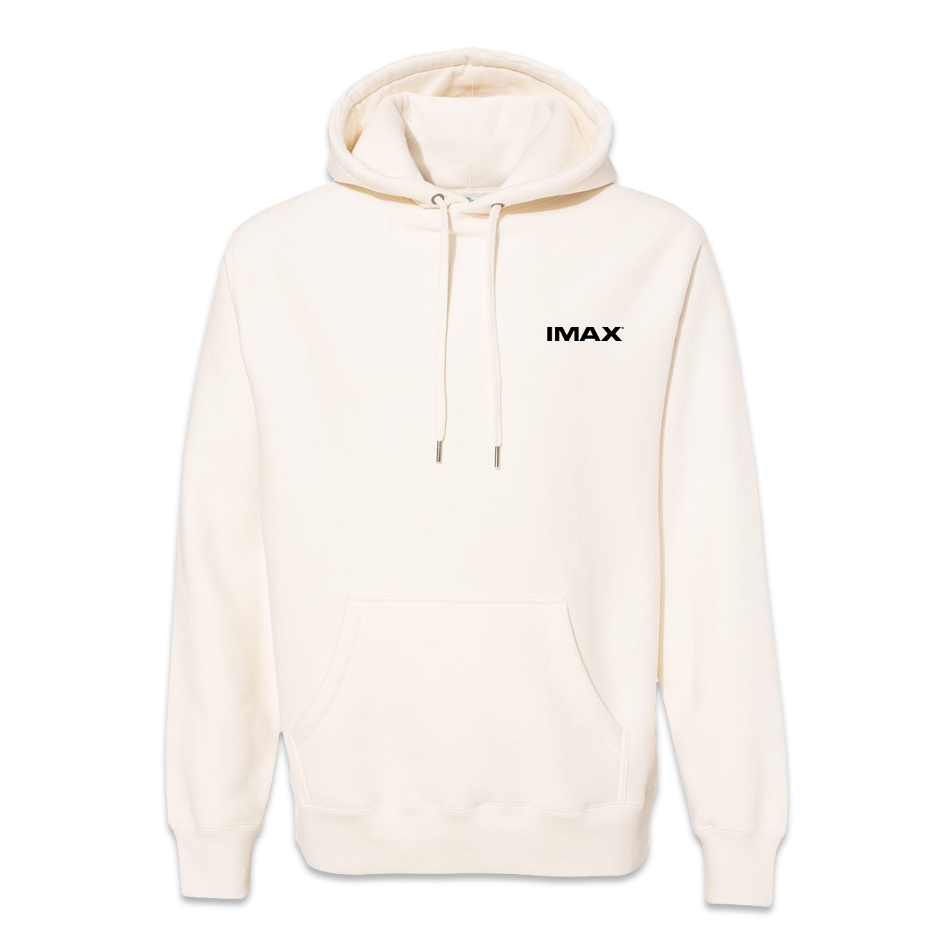 The front of a white pullover hoodie featuring a black IMAX logo.