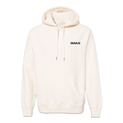 The front of a white pullover hoodie featuring a black IMAX logo.
