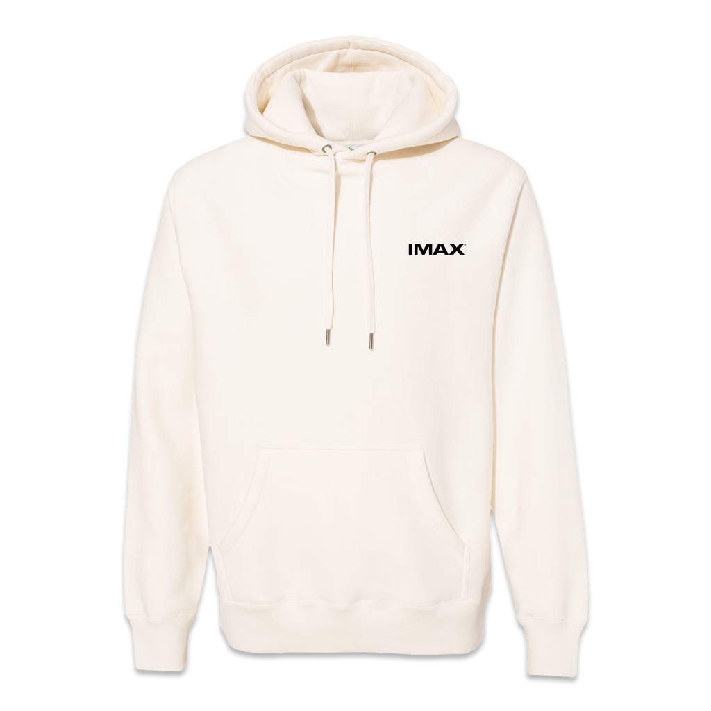 front of cream hoodie with IMAX across the upper left chest.