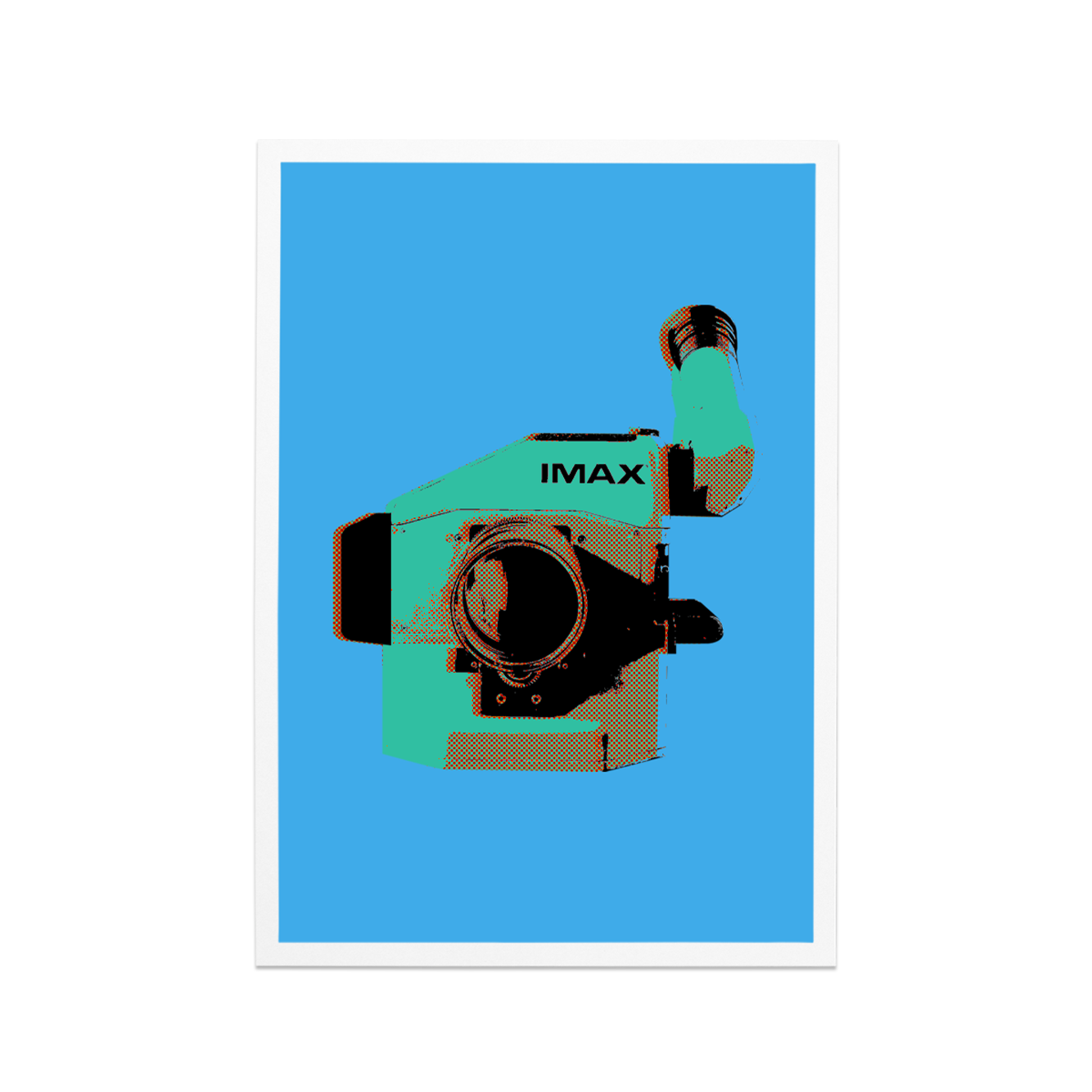A blue postcard featuring an IMAX film camera.