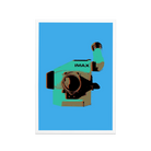 A blue postcard featuring an IMAX film camera.