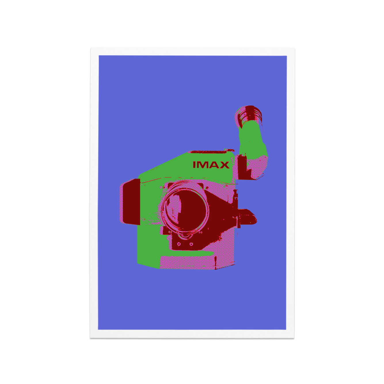 A purple postcard featuring an IMAX film camera.