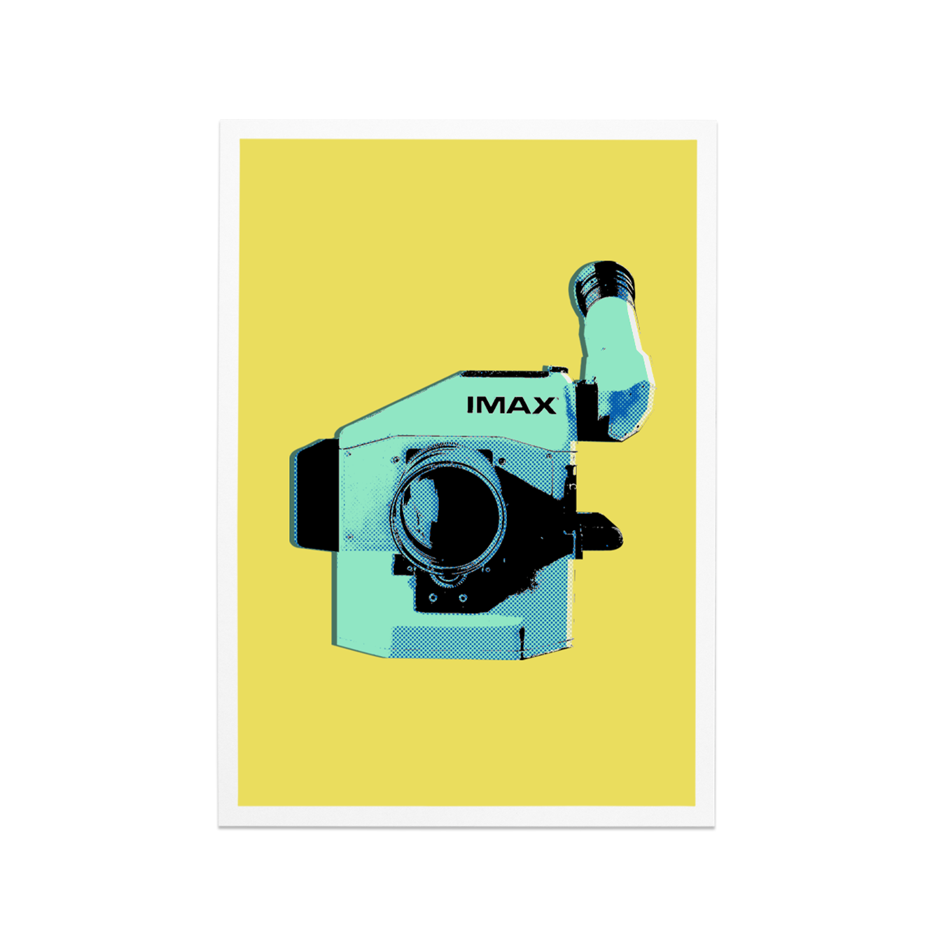 A yellow postcard featuring an IMAX film camera.