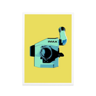 A yellow postcard featuring an IMAX film camera.