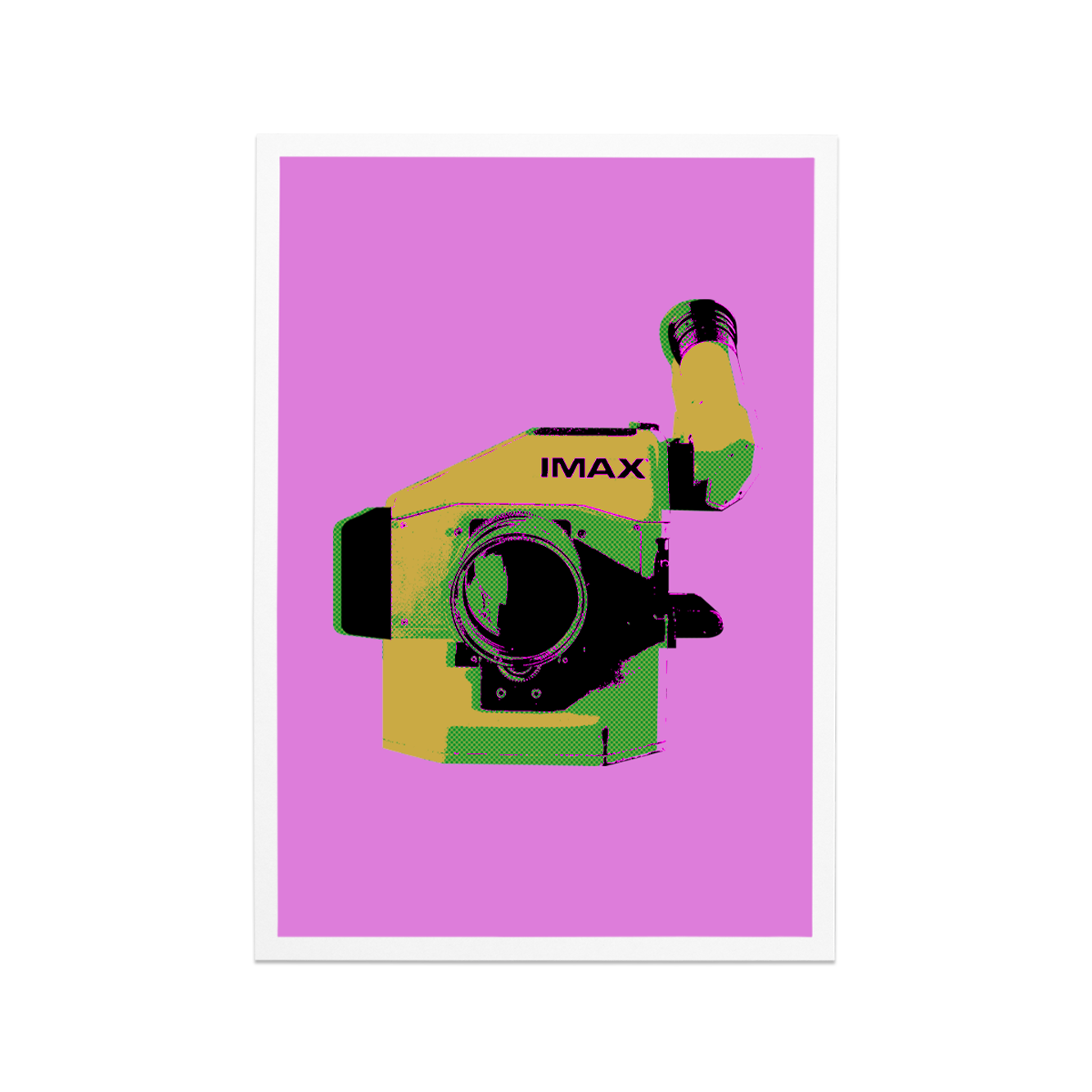 A pink postcard featuring an IMAX film camera.