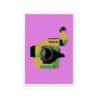 A pink postcard featuring an IMAX film camera.