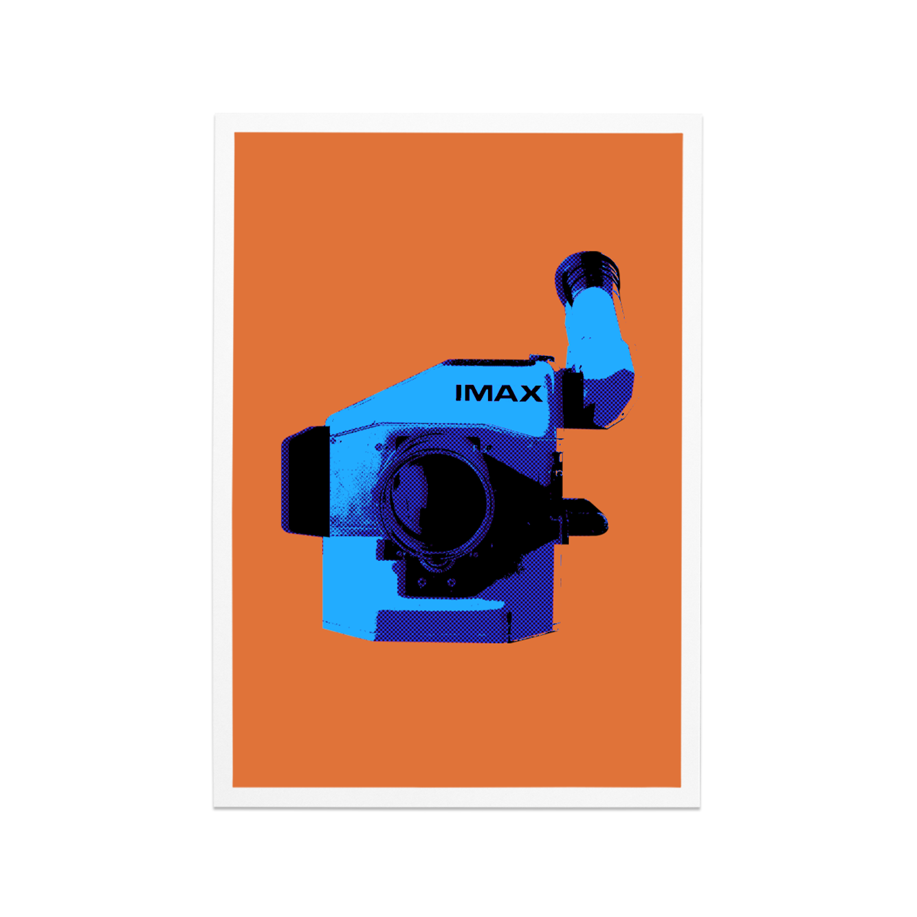 An orange postcard featuring an IMAX film camera.