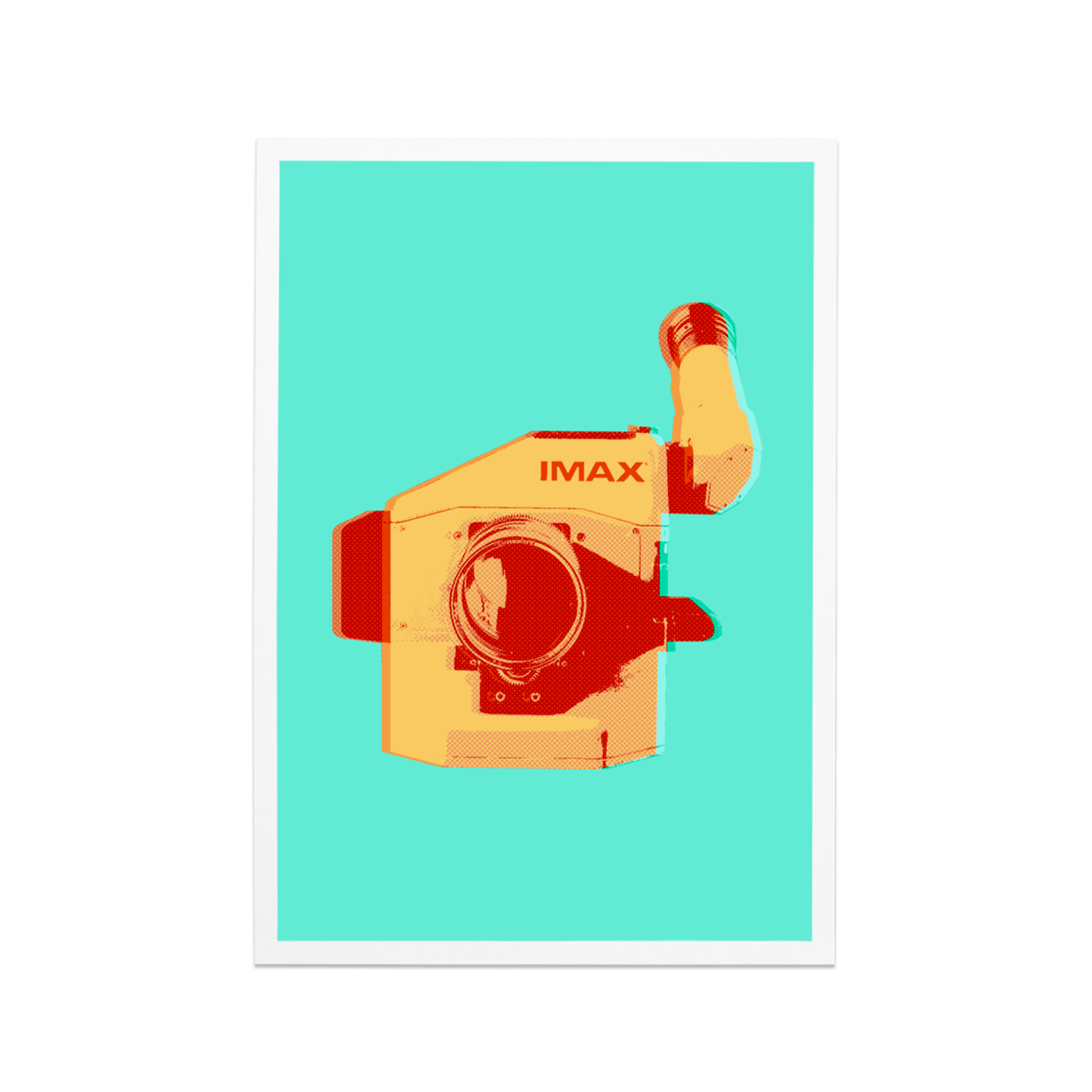 A teal postcard featuring an IMAX film camera.