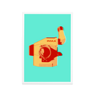 A teal postcard featuring an IMAX film camera.