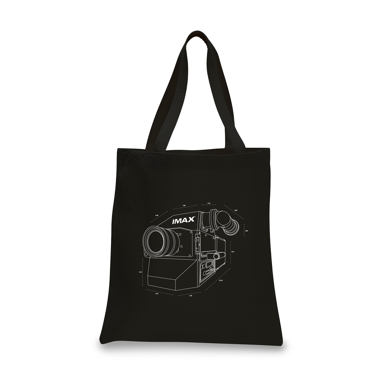 The back of a black tote bag featuring a line art of the IMAX film camera in white.