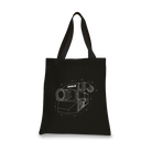 The back of a black tote bag featuring a line art of the IMAX film camera in white.