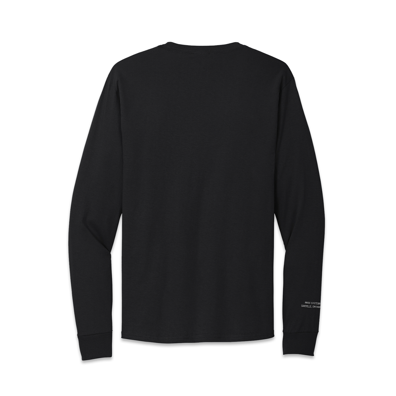 The back of a black long-sleeved crewneck t-shirt. 