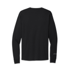 The back of a black long-sleeved crewneck t-shirt. 