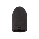 A black beanie fully unrolled, with "Never Compromise" stitched onto the fabric inside.