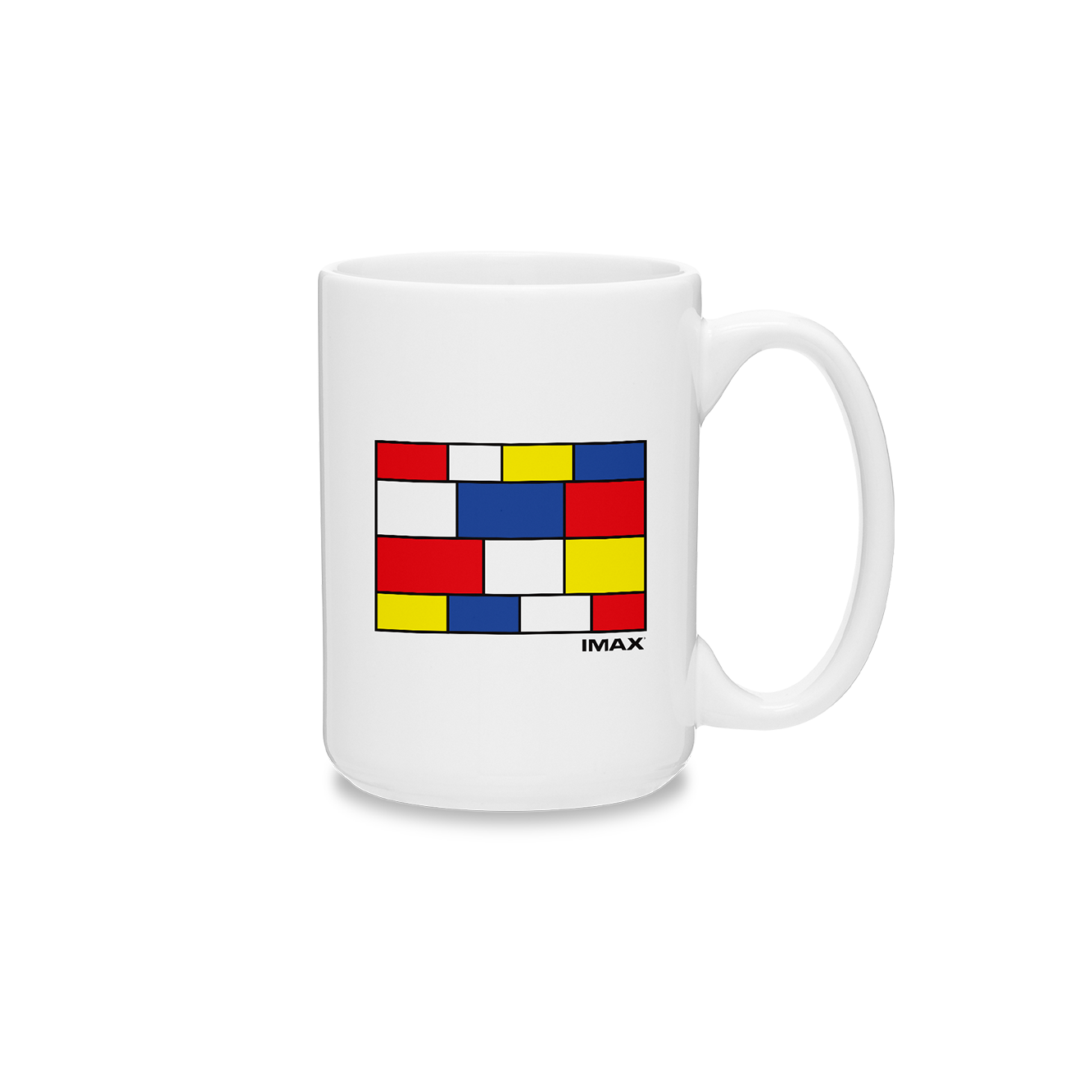 The front of a white mug with a blue, yellow, red, and white boxes serving as abstract depictions of various IMAX aspect ratios. 