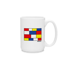 The front of a white mug with a blue, yellow, red, and white boxes serving as abstract depictions of various IMAX aspect ratios. 